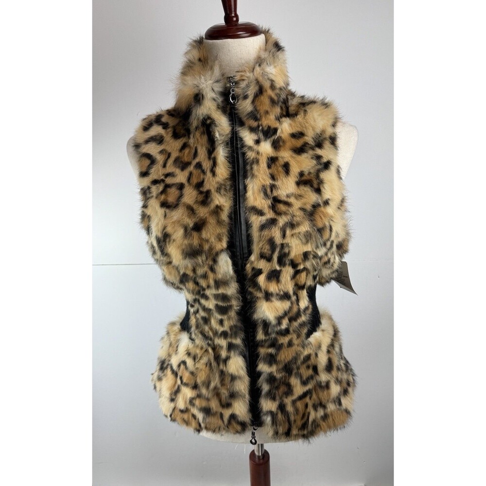Dolce Cabo $278 Real Rabbit Fur Leopard Print Zip-Up Vest Sz: Small